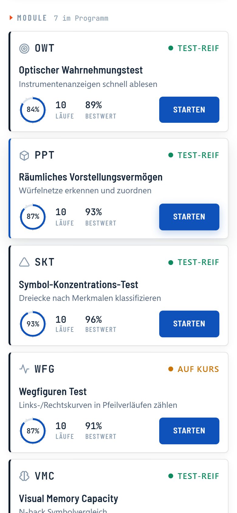 Modulübersicht in der App: pro Modul Status, Läufe und Bestwert. Kurven zählen steht auf „Auf Kurs“, die übrigen sichtbaren Module auf „Test-reif“.