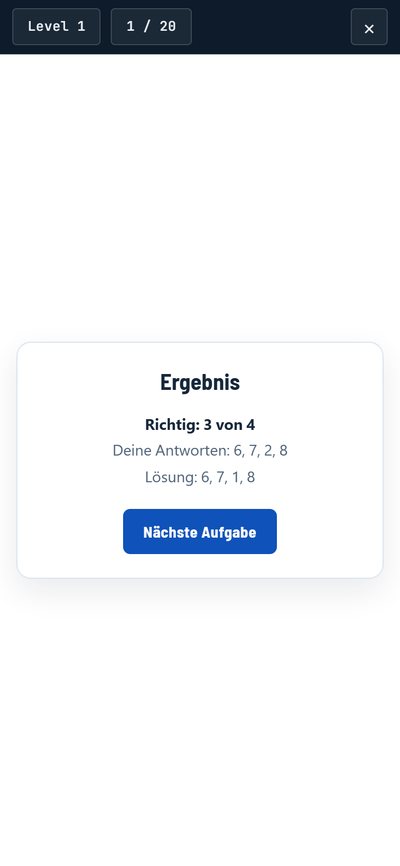 Optischer Wahrnehmungstest, Level 1: Nach der Aufgabe zeigt die App „Richtig: 3 von 4“ mit deinen Antworten und der Lösung
